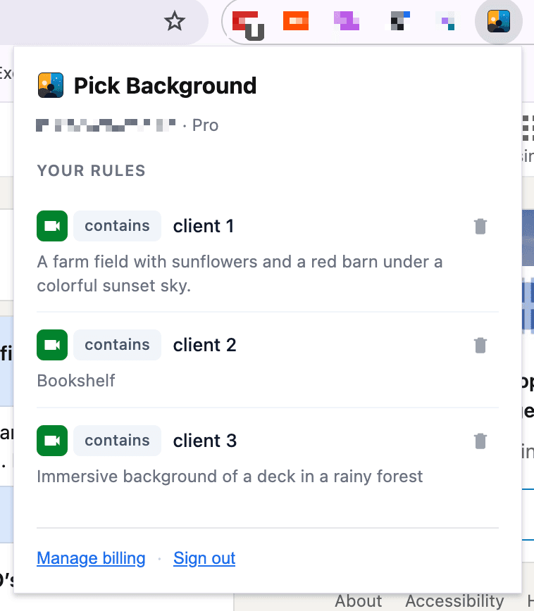 Chrome extension popup listing the user's saved background rules